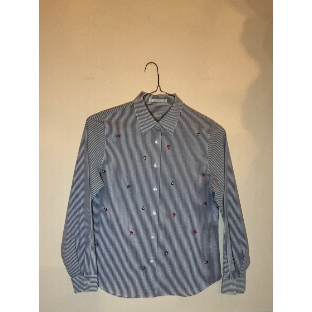 Vintage Foxcroft Striped Embroidered Button‎ Down Shirt Women Blue White Casual